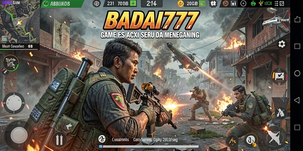 Tampilan screenshot BADAI777 menunjukkan aksi pertempuran FPS yang mendebarkan.