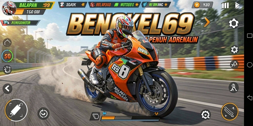 Screenshot menampilkan balapan motor yang seru dengan pemandangan trek yang menakjubkan.