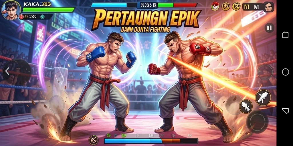 Screenshot utama KAKA303 menampilkan aksi pertarungan yang menegangkan antara karakter-karakter unik.