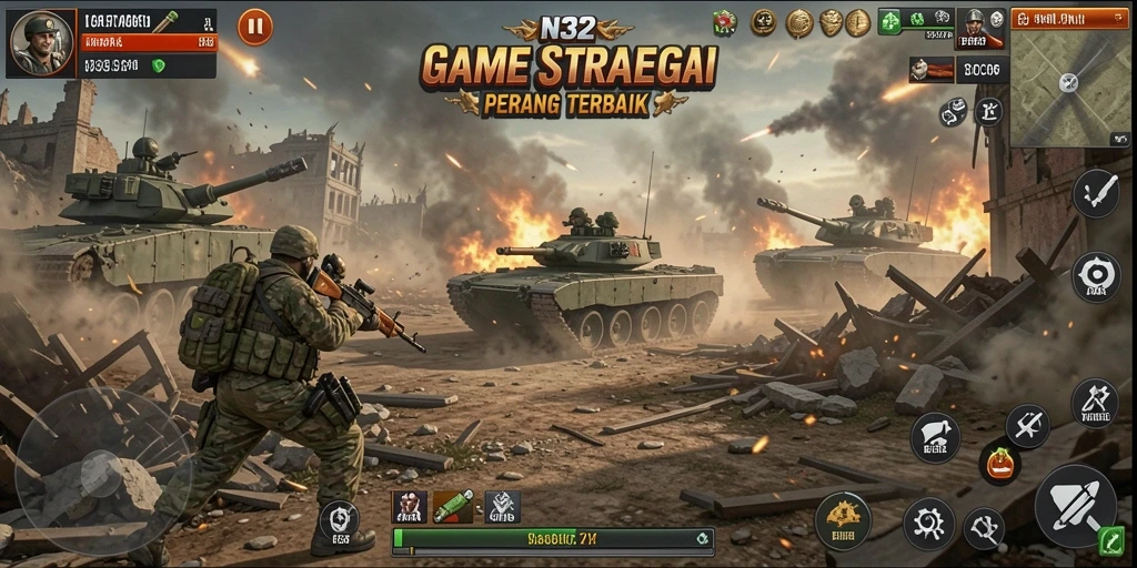 Tampilan gameplay menakjubkan dalam N32 yang menampilkan strategi dan pertempuran.