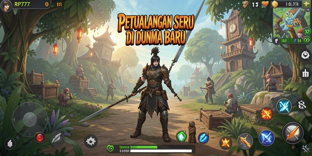 Gameplay RP777 menampilkan aksi seru dan eksplorasi dunia petualangan.