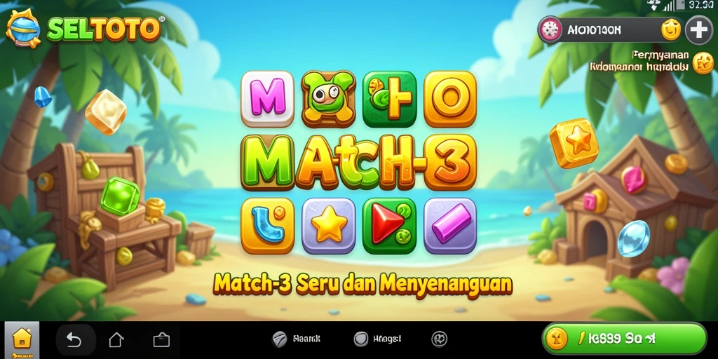 Screenshot utama SELTOTO menunjukkan gameplay Match-3 yang menarik dan penuh warna.