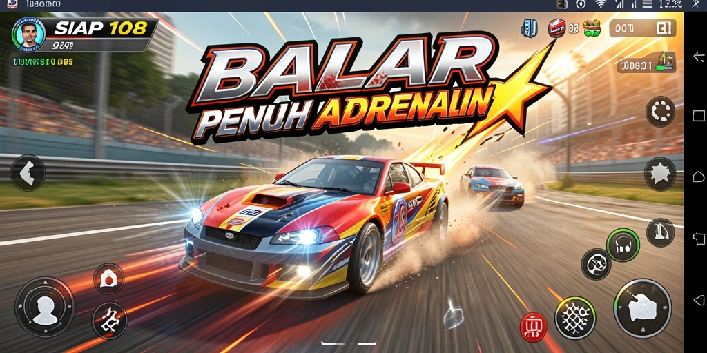 Screenshot gameplay SIAP108 menampilkan pebalap yang melaju di trek balap yang menantang.
