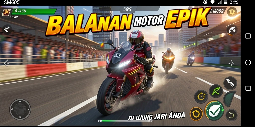 Tampilan menarik dari gameplay balapan motor SM605 yang mengesankan.
